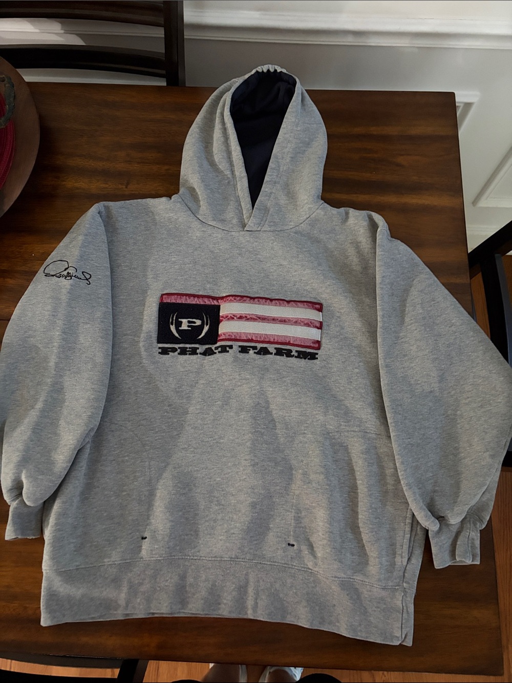 Phat Farm Gray Hoodie with Navy Lined Hood and Flag Patch.Child size X/L 18/20